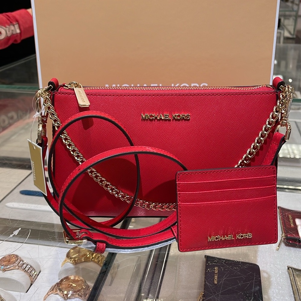 MICHAEL KORS 
JST Md Saffiano Leather Crossbody XBody + Card Holder Boxed Set